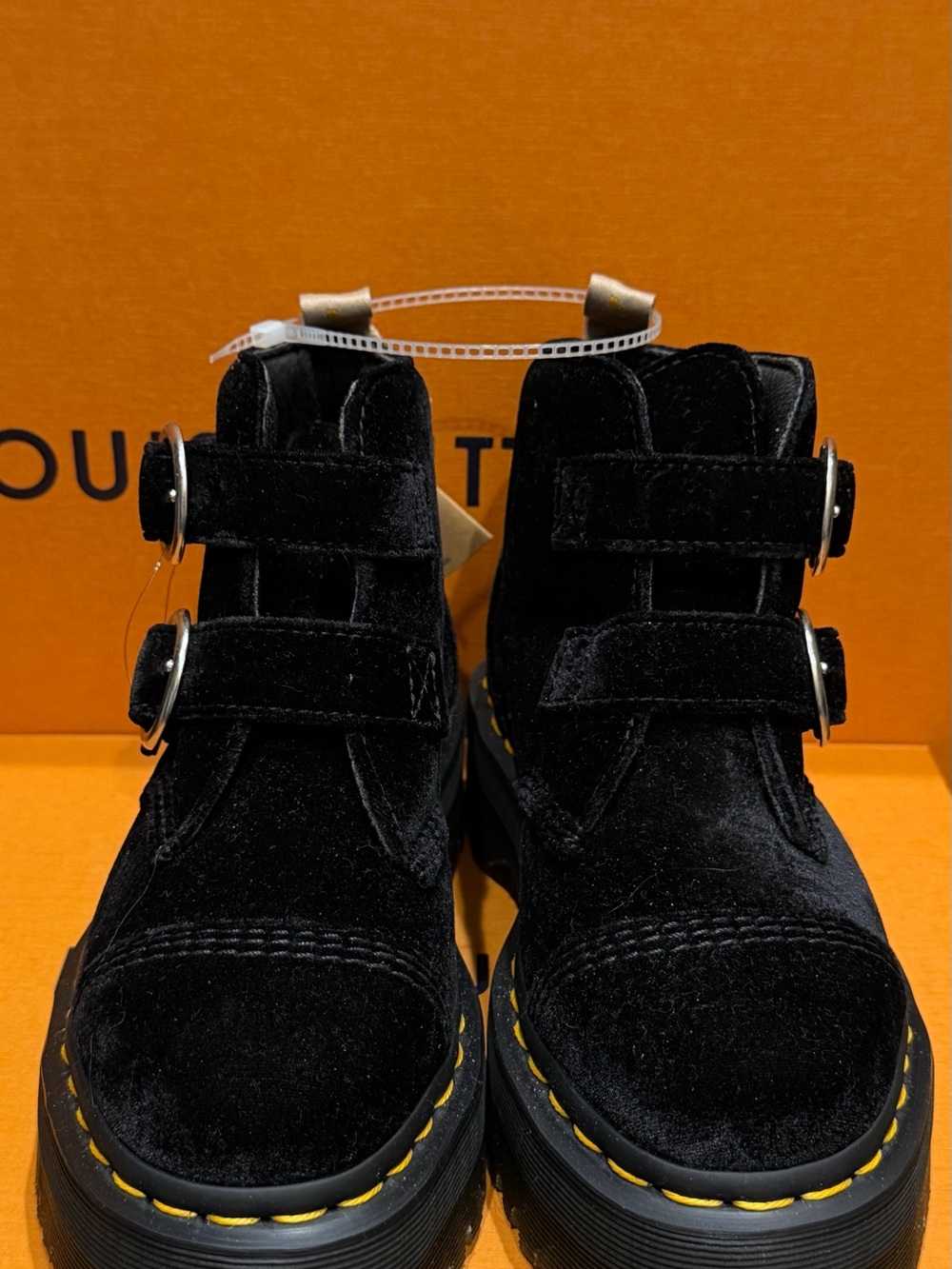 Dr. Martens Kids Black Velvet Double-Strap Boots with Yellow Stitching